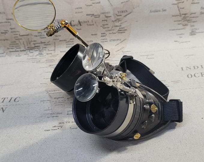 Aged Brown/German Silver Steampunk Engineer Goggles With Large Magnifying Loupe and Double Loupes