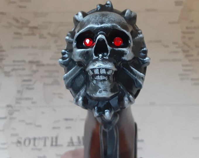 The Cursed Steampunk Style 18th Century Aged RH Pewter Jolly Roger Pirates Non Firing Flintlock With Bejeweled Eyes and Opt. RH Holster