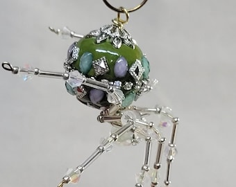 Steampunk Ceramic Beaded Green and Silver Crystalline Christmas Spider