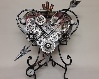 Steampunk Aged Geared Double Heart With Piercing Arrow and Display Easel