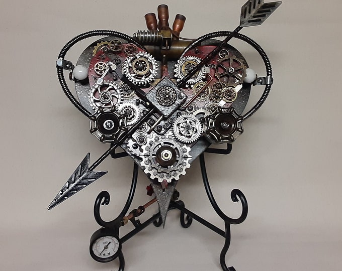 Steampunk Aged Geared Double Heart With Piercing Arrow and Display Easel