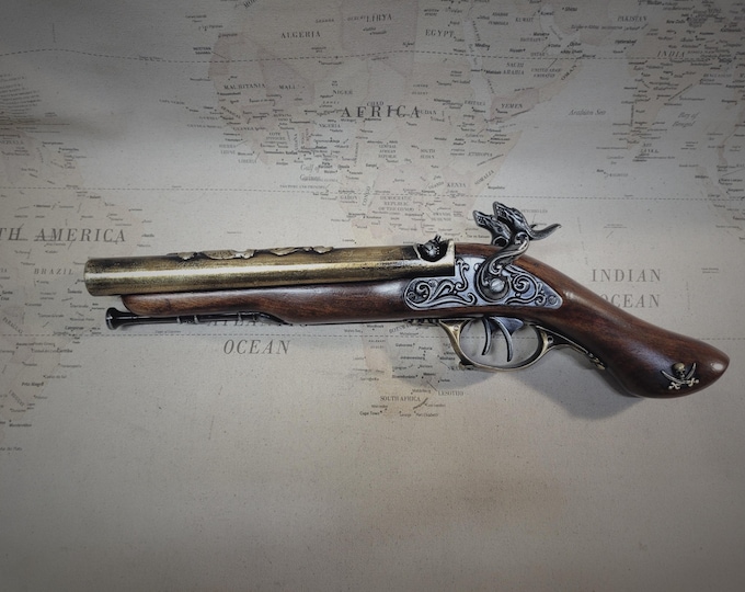 Steampunk Style 18th Century Aged Brass and Pewter Pirates Non Firing 2x Percussion Flintlock w/Optional Deluxe Leg Hoister