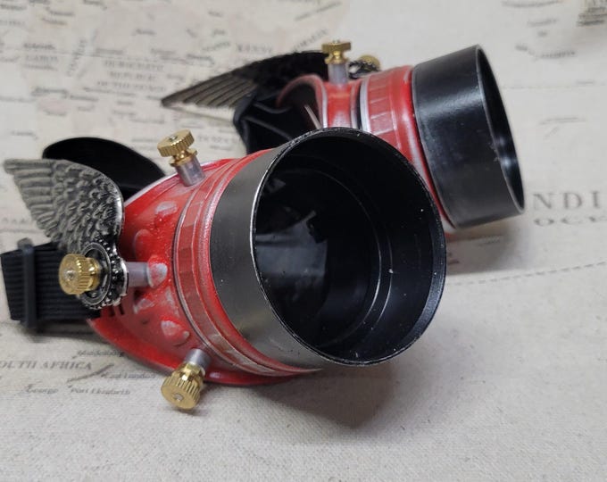 Steampunk Winged Red/Silver Valkyrie Goggles with Aluminum Extension Rings