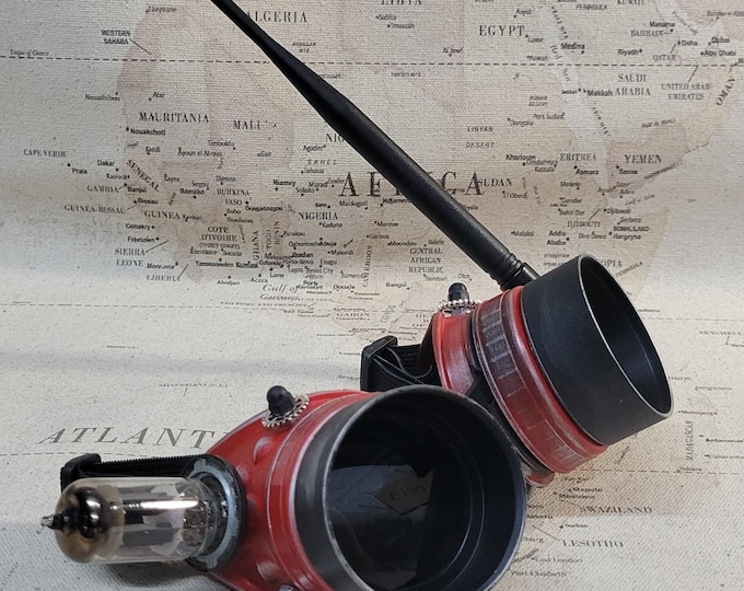Aged Red/Gold Steampunk Engineer Goggles With a Vacuum Tube and Antennae