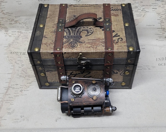 Steampunk Vortex Manipulator with Decorative Wooden Storage Box and Plain Black Leather Strap Ready to Ship