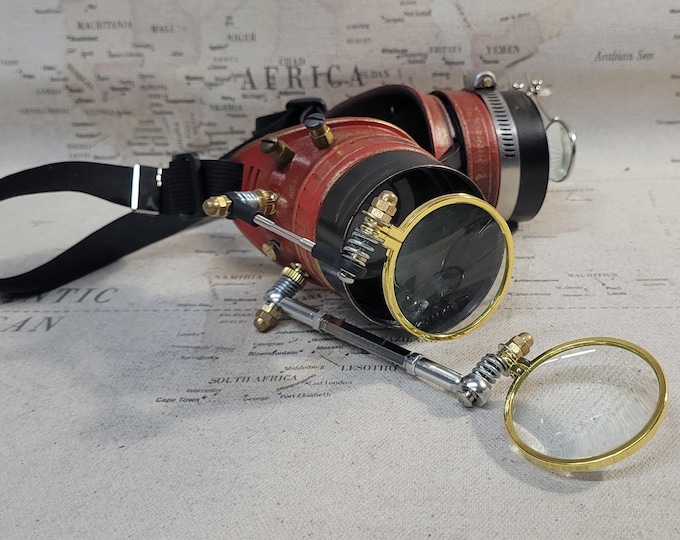 Aged Red/Gold Steampunk Engineer Goggles With a 2 Large Magnifying Loupes and Double Loupes