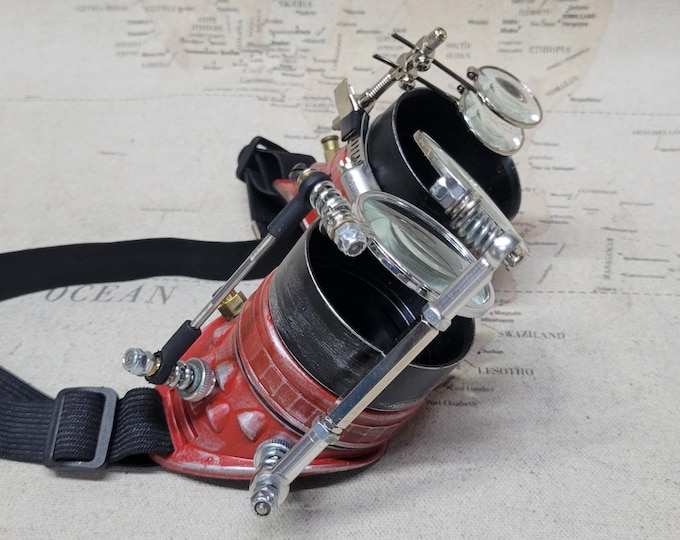 Aged Red/Silver Steampunk Engineer Goggles with 2 Large Magnifying Loupes and Double Loupes