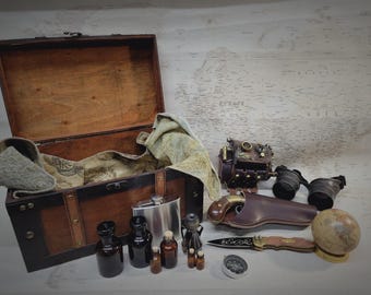 Steampunk Vortex Manipulator Travelers Kit with Large Decorative Brown Wooden Storage Box and Embossed Brown Leather Strap Ready to Ship