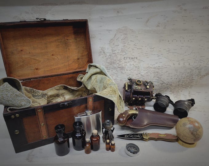 Steampunk Vortex Manipulator Travelers Kit with Large Decorative Brown Wooden Storage Box and Embossed Brown Leather Strap Ready to Ship