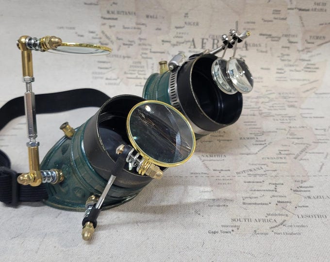 Aged Green/Gold Steampunk Engineer Goggles With a 2 Large Magnifying Loupes and Double Loupes