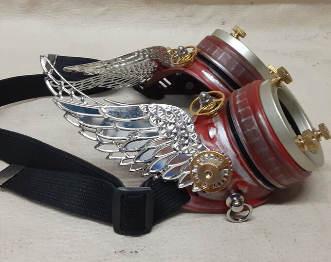 Steampunk Double Winged Red/Silver Valkyrie Goggles