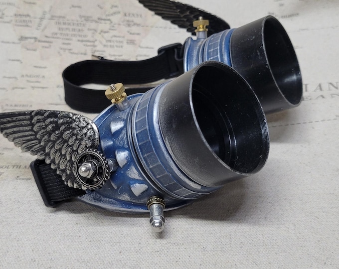Steampunk Style Blue/Silver Valkyrie Winged Goggles