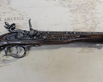 Right Handed Steampunk Style 18th Century Aged Pewter Pirates Arquebus Non Firing Antique Reproduction Flintlock
