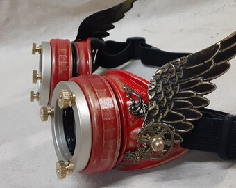Steampunk Winged Red/Aged Bright Brass Valkyrie Goggles with Filigree