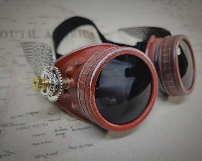 Steampunk Winged Red and Silver Valkyrie Goggles