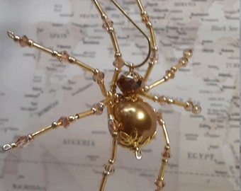 Metallic Steampunk Crystalline Beaded Reverse Dew Drop Golden Spider