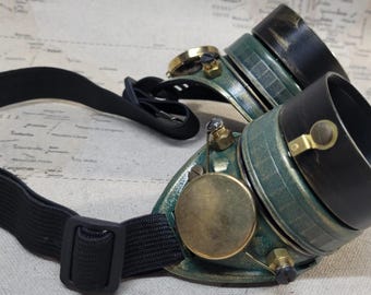Aged Green/Gold Steampunk Engineer Goggles With Black Extension Rings