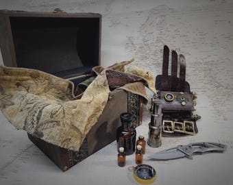 Steampunk Vortex Manipulator Travelers Kit with Medium Decorative Brown Wooden Storage Box and Embossed Brown Leather Strap Ready to Ship