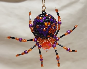Steampunk Beaded Orange and Purple Opalescent Be-Jeweled Halloween Spider