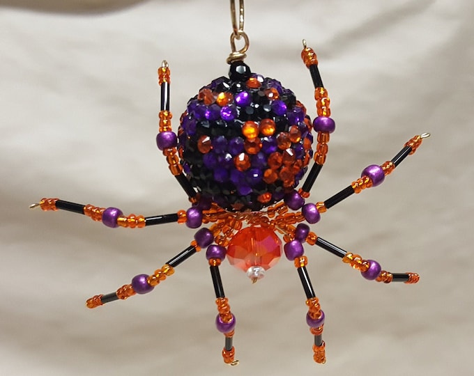 Steampunk Beaded Orange and Purple Opalescent Be-Jeweled Halloween Spider