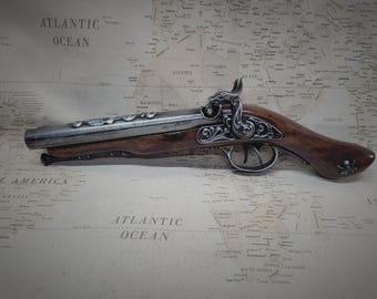 Steampunk Style 18th Century Antique Reproduction Aged Pewter Pirates Non Firing 2x Percussion Flintlock w/Optional Deluxe Leg Hoister