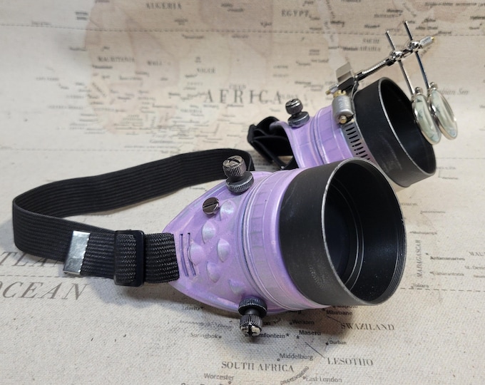 Steampunk Violet/Aged Silver Engineer Goggles with Double 7.5x Magnifying Loupes