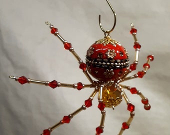 Steampunk Ceramic Beaded Red and Gold Christmas Spider
