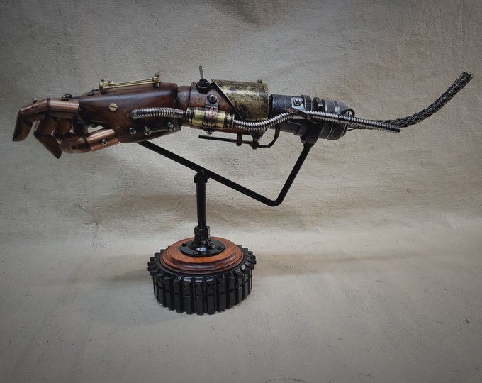Steampunk Battle Damaged Robotic Wooden Android Hand Relic W/Table Top Display Right Hand Brass Collar