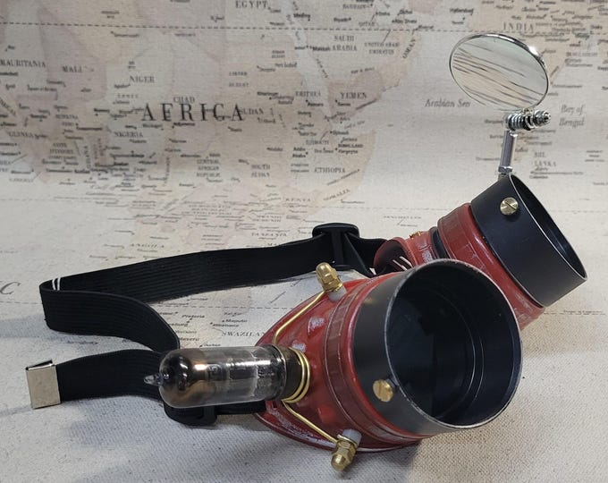 Aged Red/Gold Steampunk Engineer Goggles With a Large Magnifying Loupe and Vacuum Tube