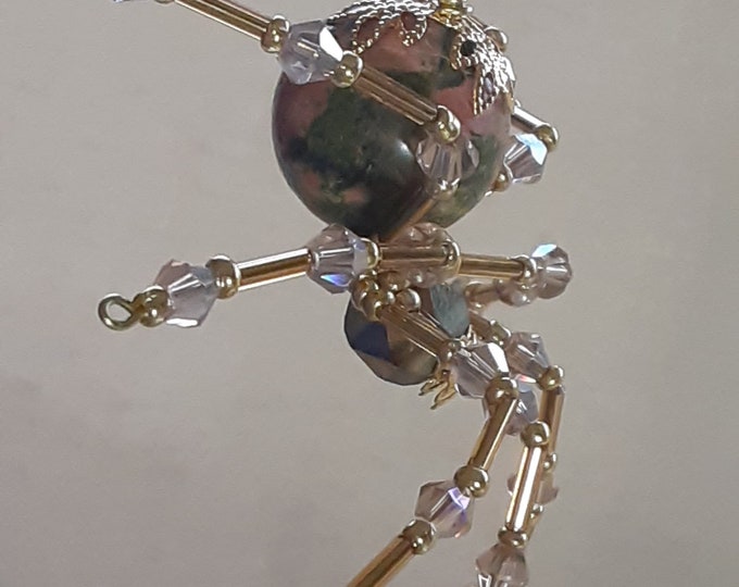 Steampunk/Christmas Unakite Green and Pink Spider with Crystal Legs