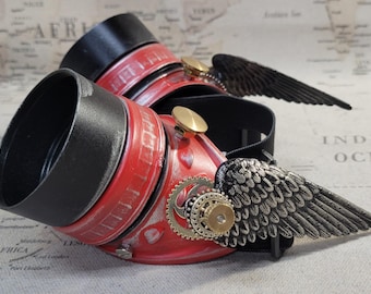 Steampunk Winged Red/Silver Valkyrie Goggles with Aluminum Extension Rings