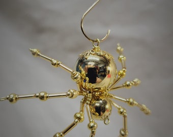 Metallic Steampunk/Christmas Crystalline Beaded Golden Spider