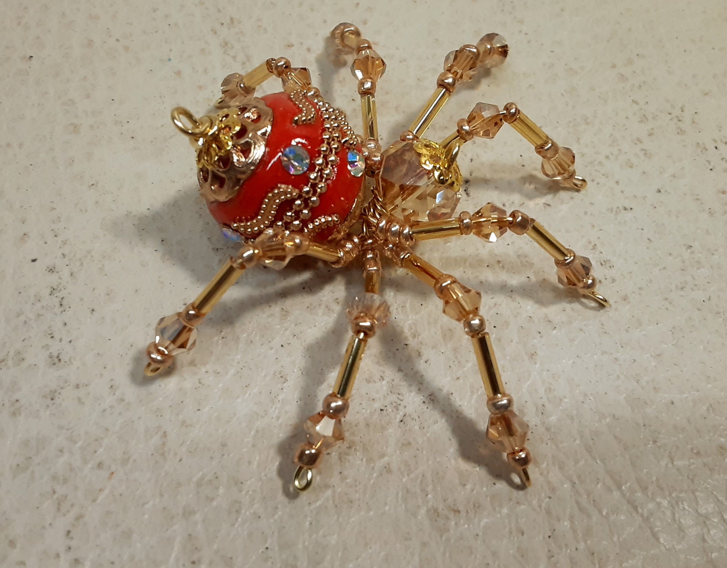 Steampunk Ceramic Beaded Red and Gold Christmas Spider 