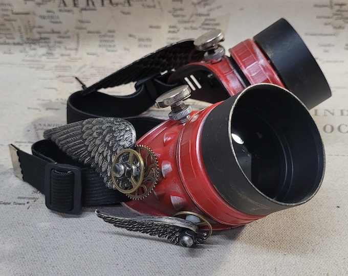 Steampunk Double Winged Red and Silver Valkyrie Goggles