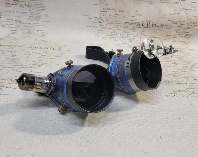 Aged Blue Steampunk Engineer Goggles With Extension Rings, Double Magnifying Loupes, and a Vacuum Tube
