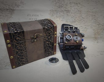 Steampunk Vortex Manipulator with Small Decorative Brown Wooden Storage Box and Plain Black Leather Strap Ready to Ship