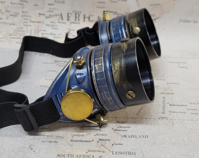 Aged Blue/Gold Steampunk Engineer Goggles With Black Extension Rings