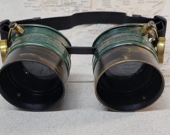 Aged Green/Gold Steampunk Engineer Goggles With Black Extension Rings #2