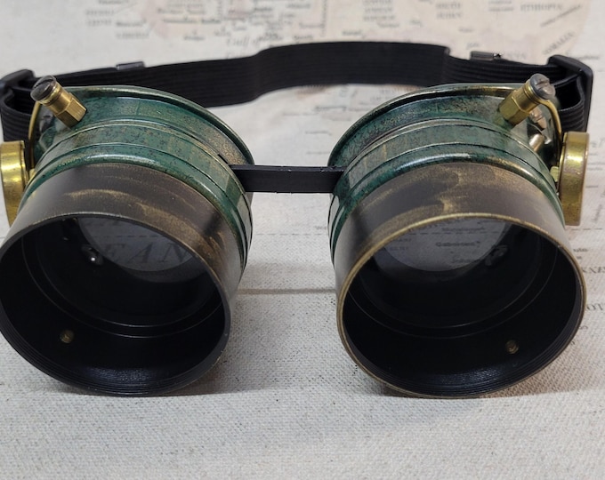 Aged Green/Gold Steampunk Engineer Goggles With Black Extension Rings #2