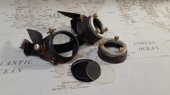 steampunk goggles weathered brass black lenses question mark ocular  stainless steel lens