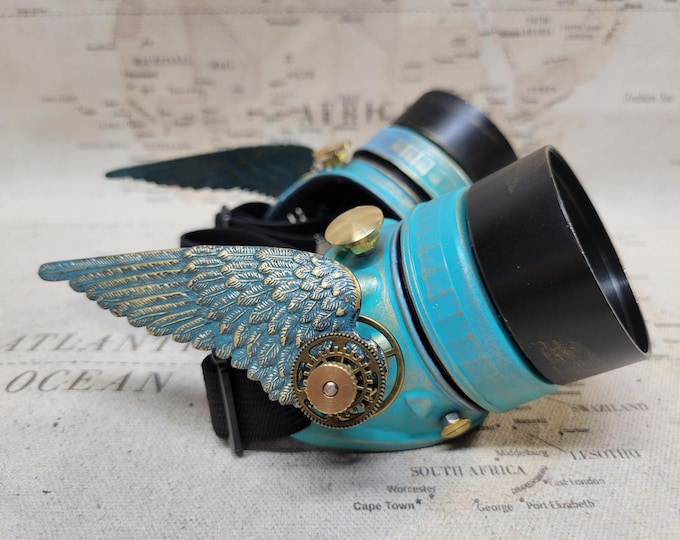 Steampunk Winged Brass Patina Valkyrie Goggles with Aluminum Extension Rings