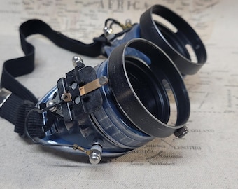 Aged Blue/Silver Steampunk Engineer Goggles With Black Extension Rings