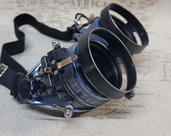 Aged Blue/Silver Steampunk Engineer Goggles With Black Extension Rings