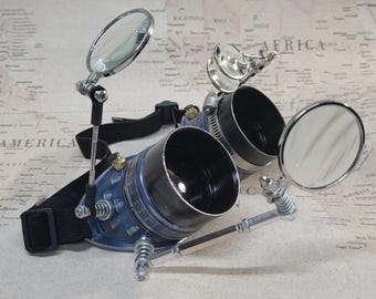 Aged Blue/Silver Steampunk Engineer Goggles With a 2 Large Magnifying Loupes and Double Loupes