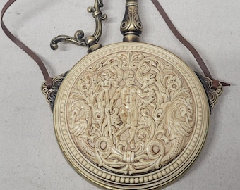 Steampunk Style 18th Century Aged Large Round Ornate Metallic or Faux Ivory Powder Flask Replica