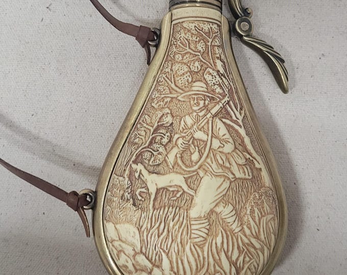 Steampunk Style 18th Century Aged Ornate Metallic or Faux Ivory Powder Flask Replica