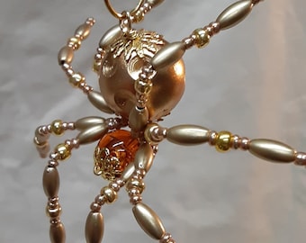 Metallic Steampunk Crystalline Dimpled Beaded Golden Spider
