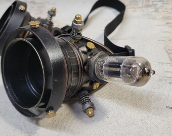 Aged Brown Steampunk Engineer Goggles With Double Extension Rings and a Vacuum Tube