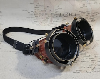 Steampunk Aged Red and Gold Engineer Goggles with Double Aluminum Extension Rings