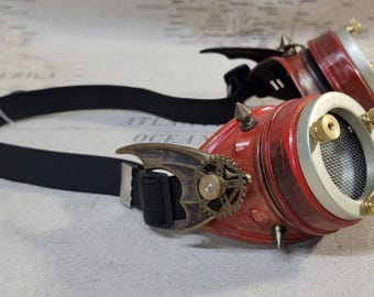 Bright Red Steampunk Style Dragon Wing Goggles with Mesh Lens Inserts